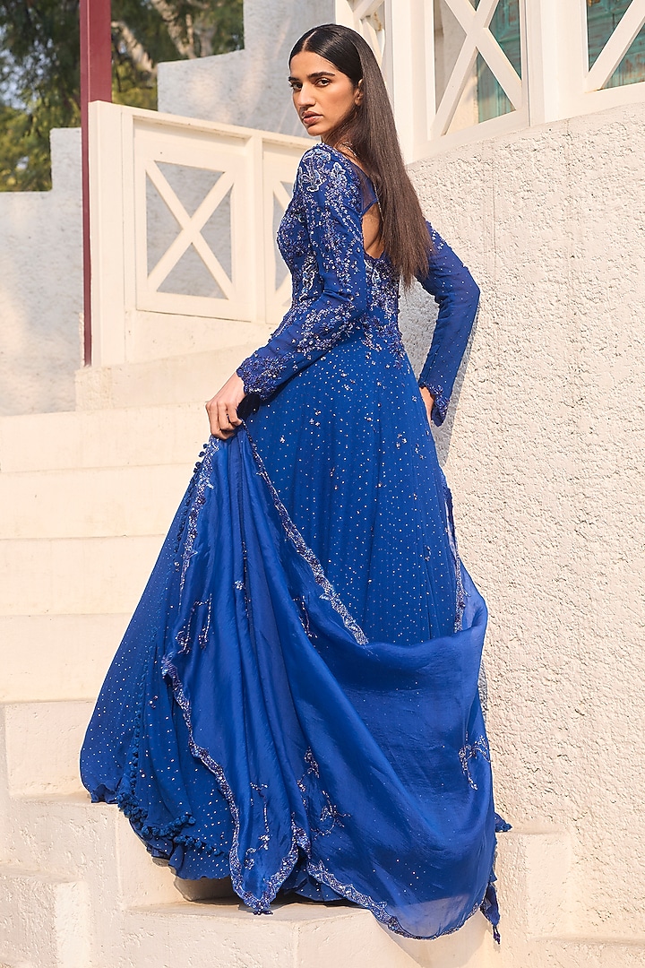 Midnight Blue Chiffon Mukaish Hand Embroidered Kalidar Kurta Set by Dolly J at Pernia's Pop Up Shop