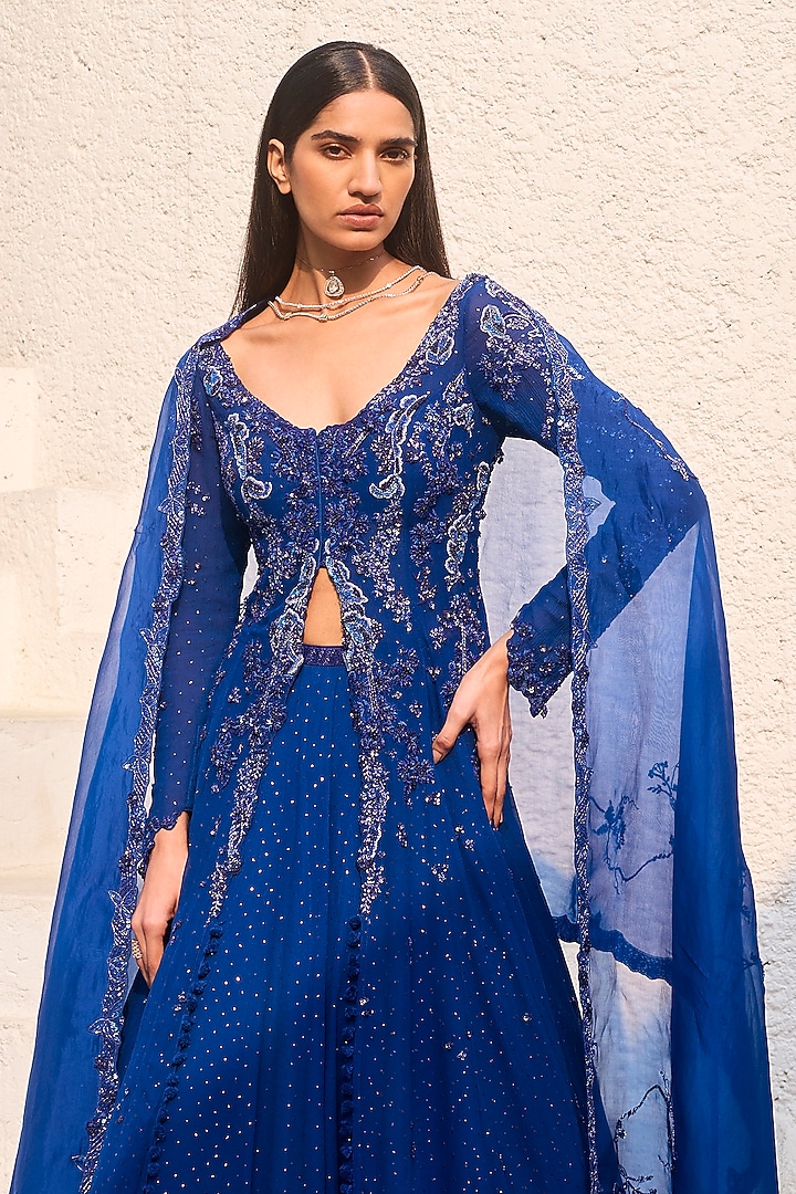 Midnight Blue Chiffon Mukaish Hand Embroidered Kalidar Kurta Set by Dolly J at Pernia's Pop Up Shop