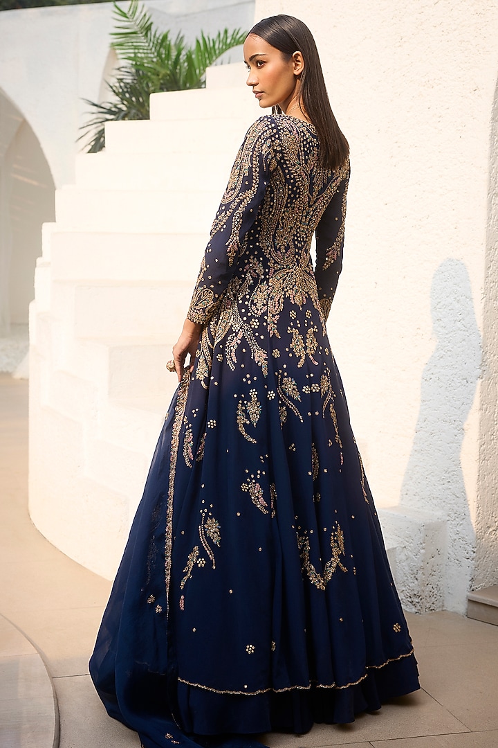 Blue Chiffon Zari Embroidered Jacket Kurta Set by Dolly J at Pernia's Pop Up Shop