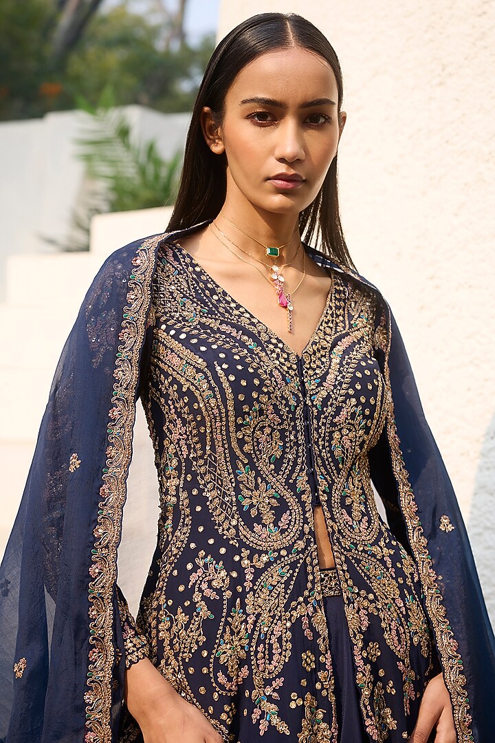 Blue Chiffon Zari Embroidered Jacket Kurta Set by Dolly J at Pernia's Pop Up Shop