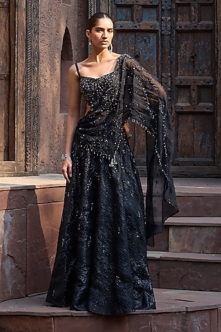 Black Heavy Lurex weave Draped Lehenga Saree Set by Dolly J