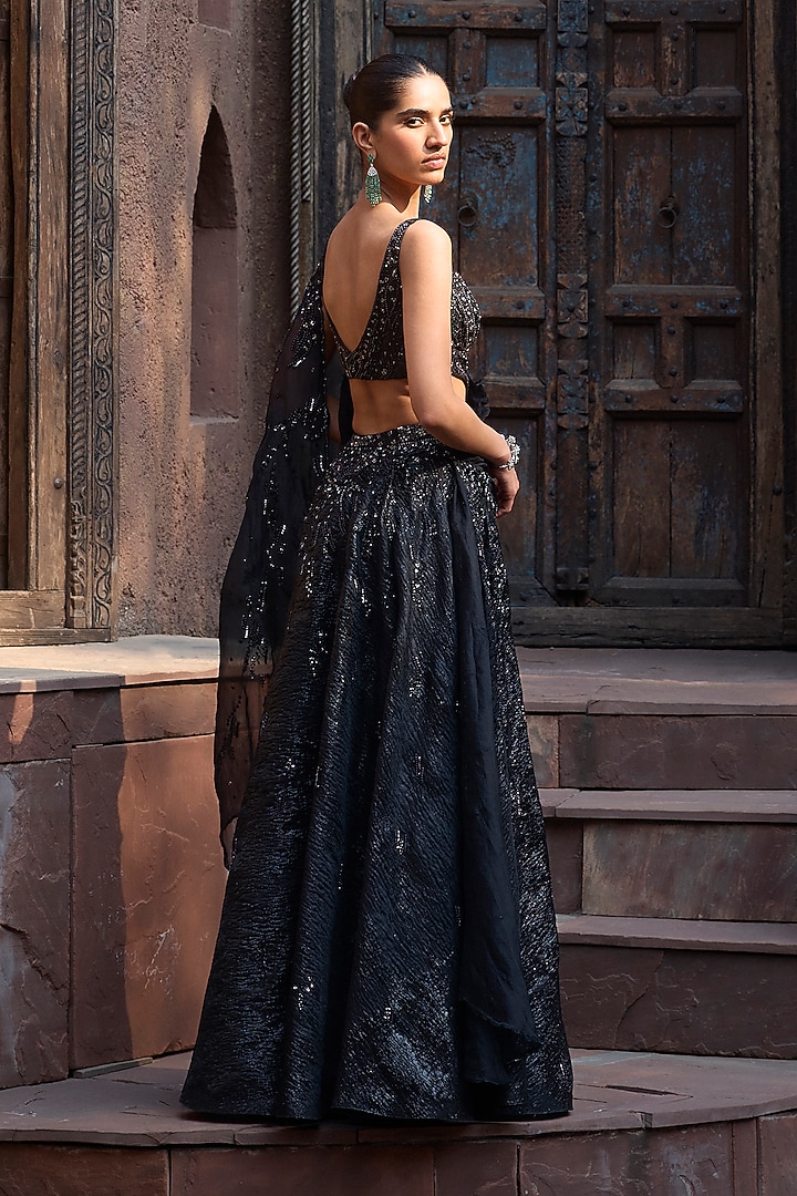 Black Heavy Lurex weave Draped Bridal Lehenga Saree Set by Dolly J at Pernia's Pop Up Shop