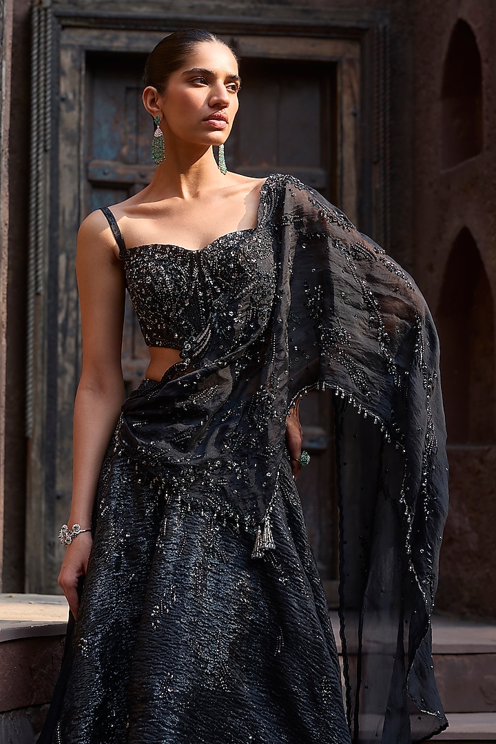 Black Heavy Lurex weave Draped Bridal Lehenga Saree Set by Dolly J at Pernia's Pop Up Shop
