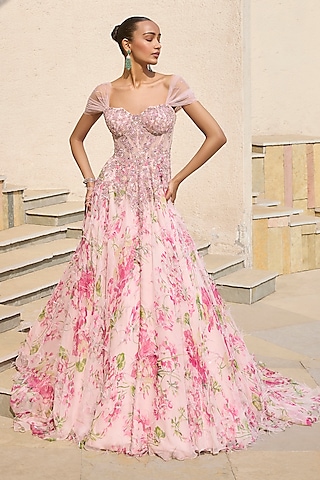 Blush Pink Chiffon Floral Printed & Embroidered Gown by Dolly J