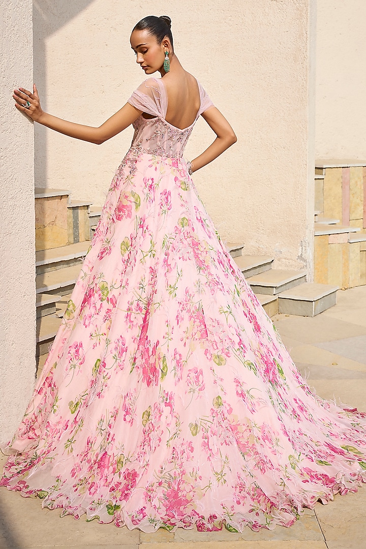 Blush Pink Chiffon Floral Printed & Embroidered Wedding Gown by Dolly J at Pernia's Pop Up Shop