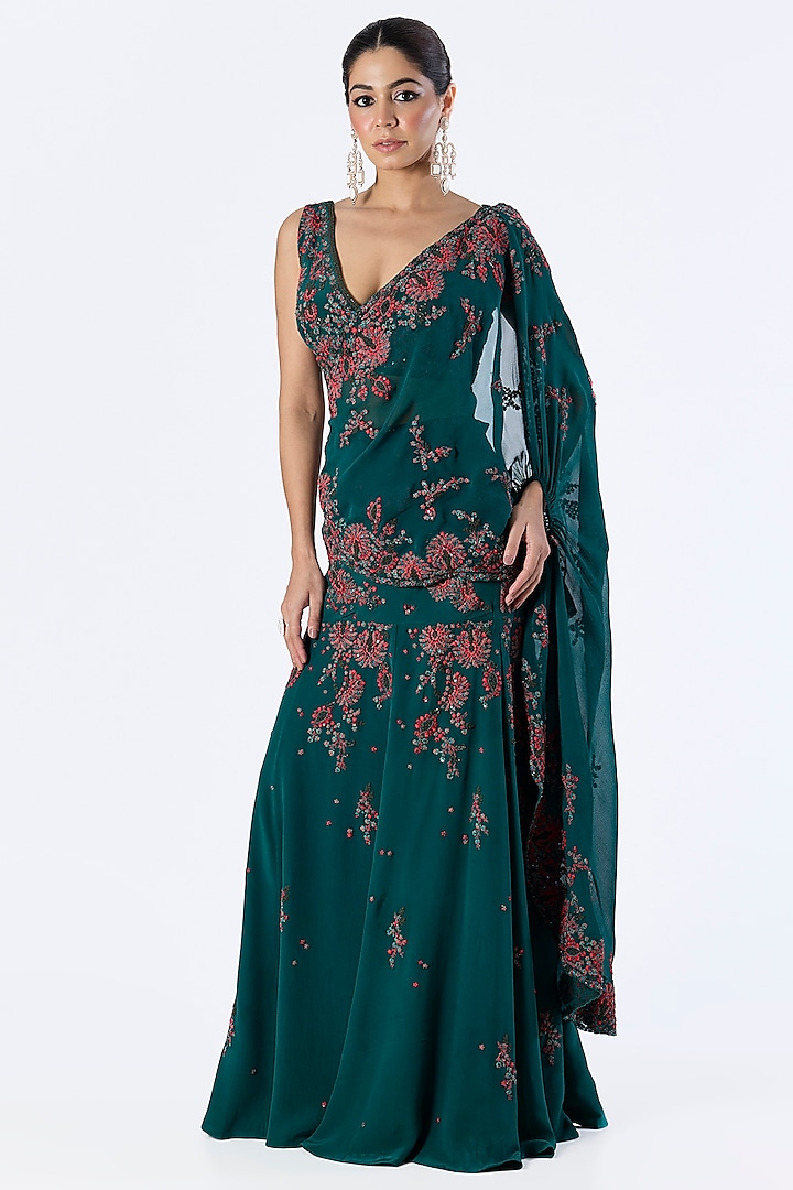 Teal Green Crepe Dori Embroidered Draped Reception Saree Set by Dolly J at Pernia's Pop Up Shop