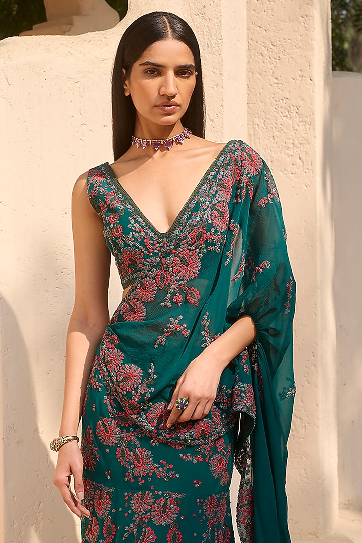 Teal Green Crepe Embroidered Skirt Reception Saree Set by Dolly J at Pernia's Pop Up Shop