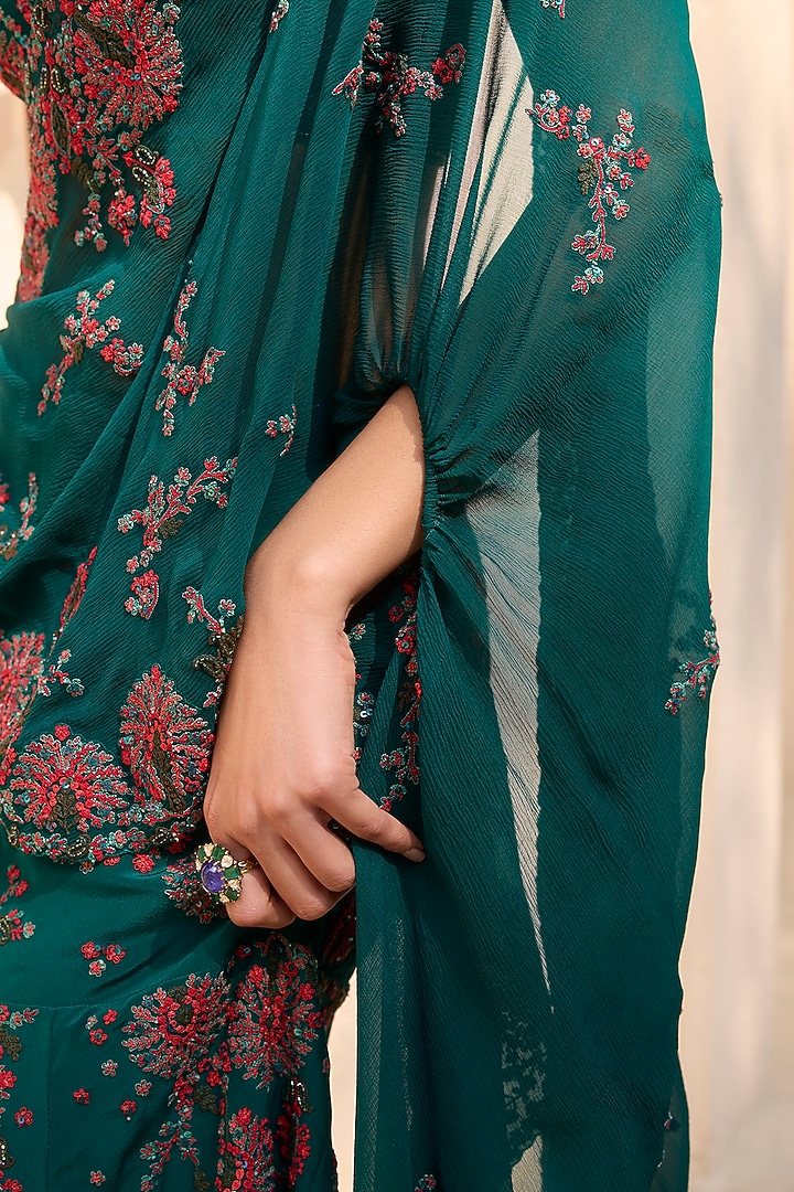 Teal Green Crepe Embroidered Skirt Reception Saree Set by Dolly J at Pernia's Pop Up Shop