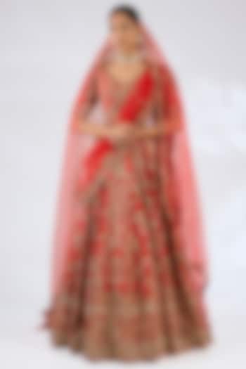Red Silk Embroidered Bridal Lehenga Set by Dolly J at Pernia's Pop Up Shop