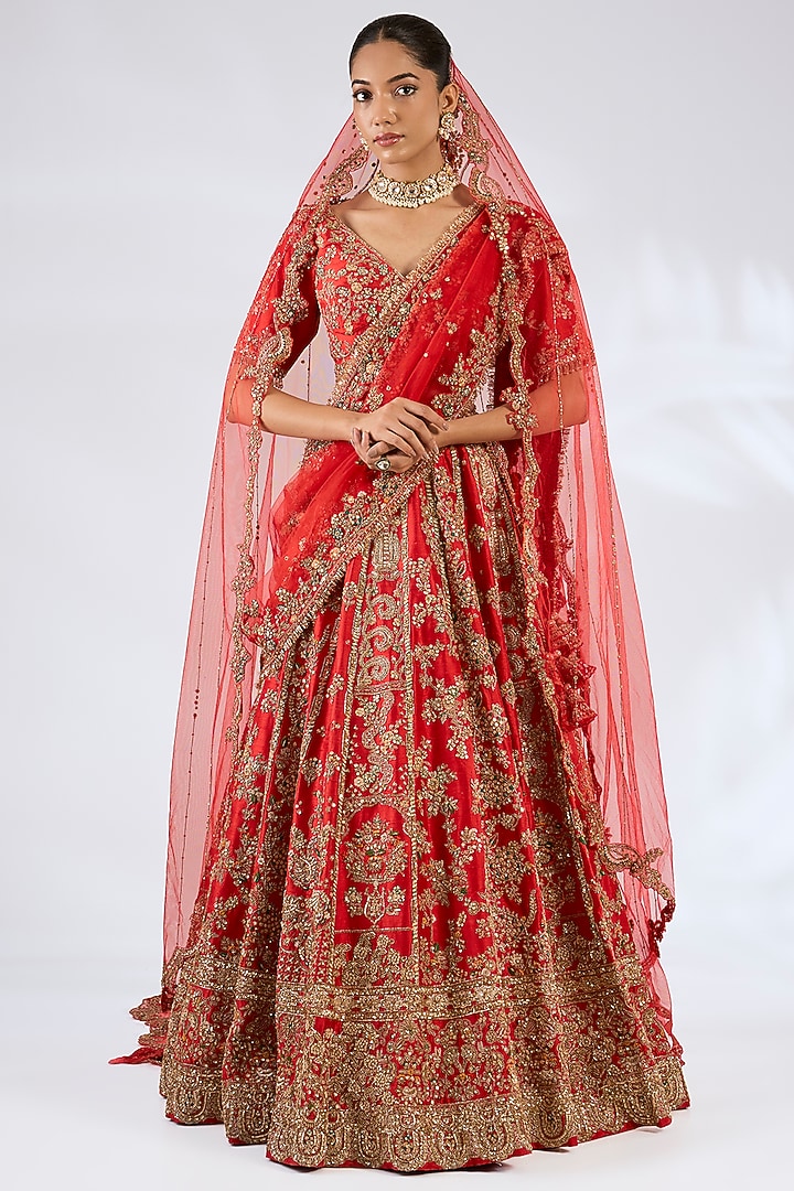 Red Silk Embroidered Bridal Lehenga Set by Dolly J at Pernia's Pop Up Shop