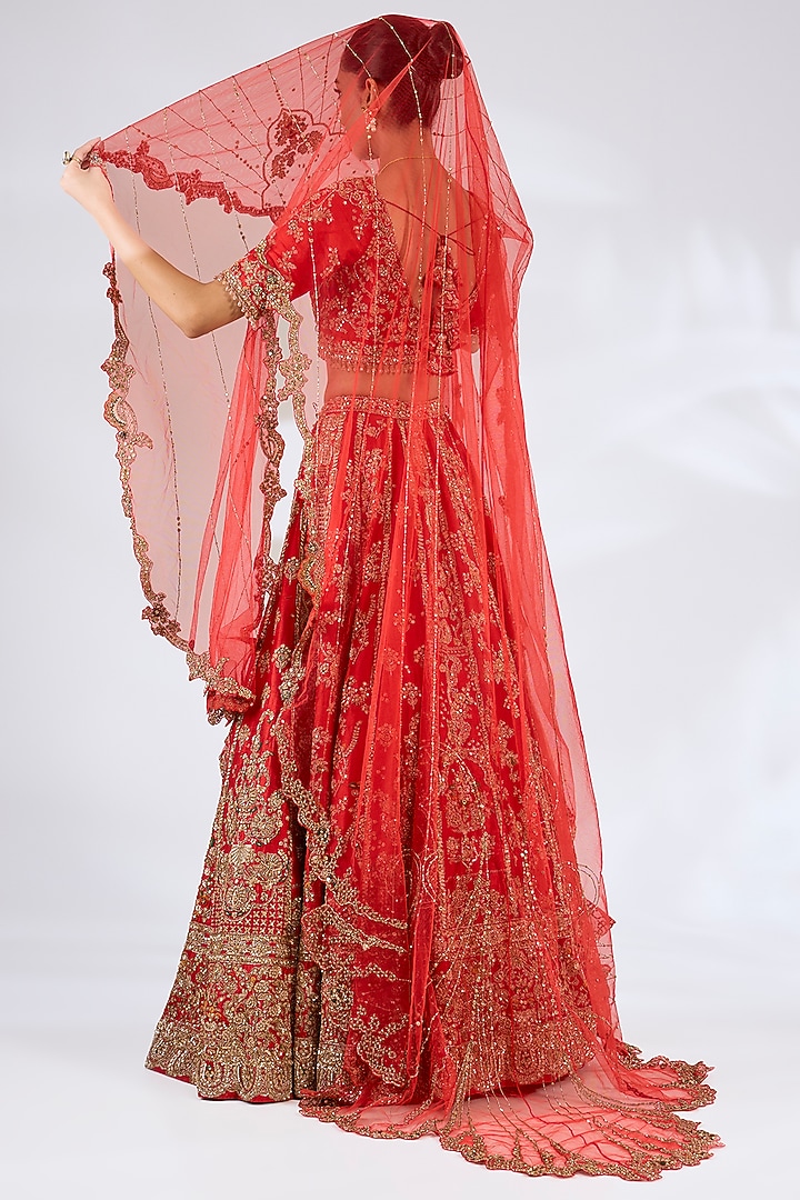 Red Silk Embroidered Bridal Lehenga Set by Dolly J at Pernia's Pop Up Shop