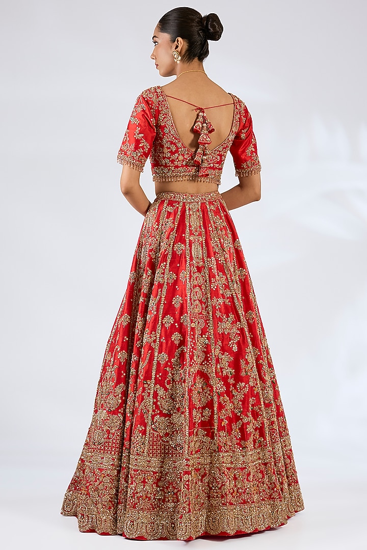 Red Silk Embroidered Bridal Lehenga Set by Dolly J at Pernia's Pop Up Shop