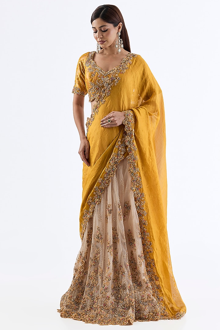 Ivory Tissue Pearl & Zardosi Embroidered Kalidar Bridal Saree Set by Dolly J at Pernia's Pop Up Shop