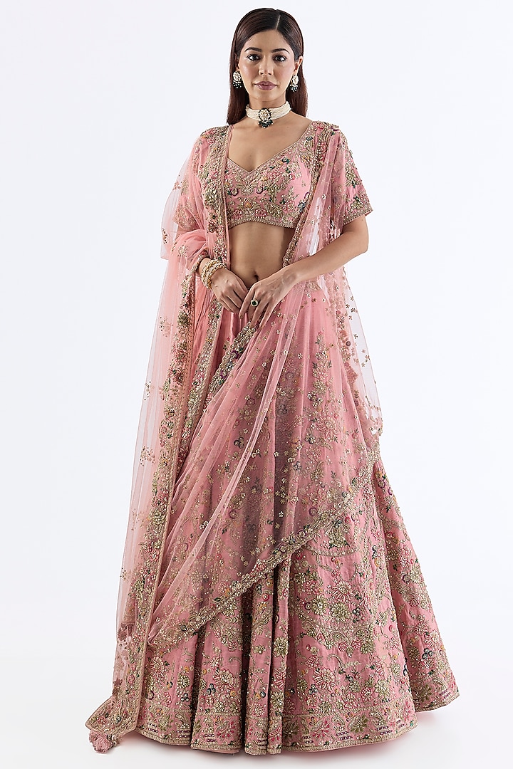 Baby Pink Raw Silk Tissue Zardosi Embroidered Bridal Lehenga Set by Dolly J at Pernia's Pop Up Shop