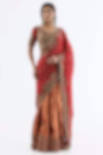 Red Saffron Tissue & Chiffon Embroidered Kalidar Bridal Saree Set by Dolly J at Pernia's Pop Up Shop