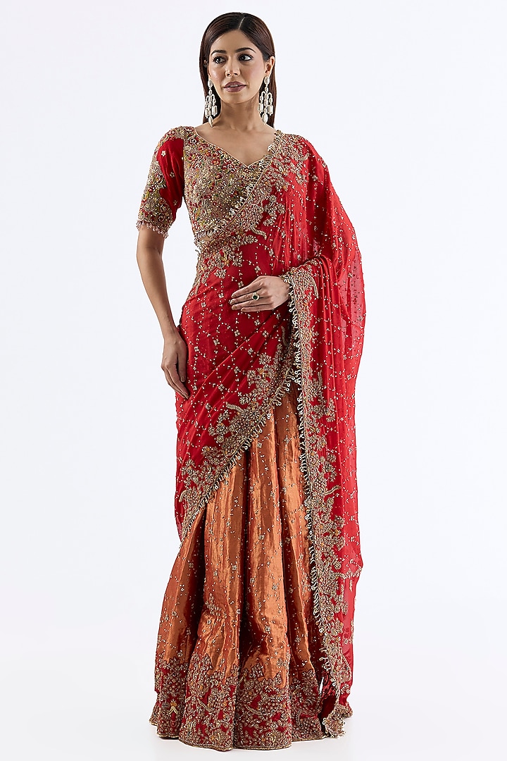 Red Saffron Tissue & Chiffon Embroidered Kalidar Bridal Saree Set by Dolly J at Pernia's Pop Up Shop