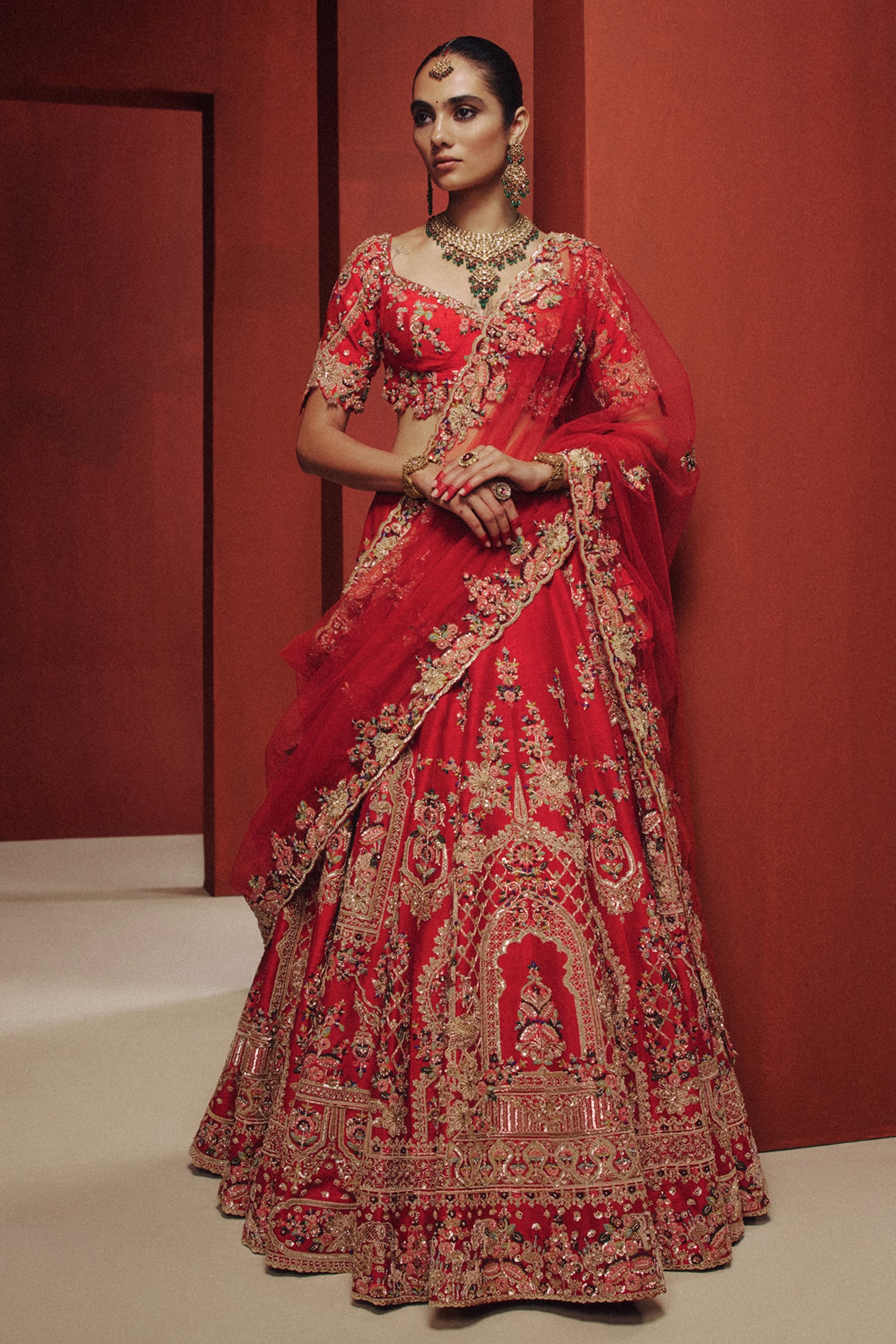 Dolly J Red Raw Silk Botanical Motifs Embroidered Bridal Lehenga Set
