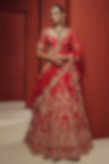 Red Raw Silk Botanical Motifs Embroidered Bridal Bridal Lehenga Set by Dolly J at Pernia's Pop Up Shop