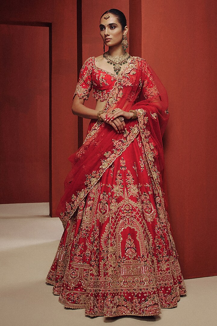 Red Raw Silk Botanical Motifs Embroidered Bridal Bridal Lehenga Set by Dolly J at Pernia's Pop Up Shop