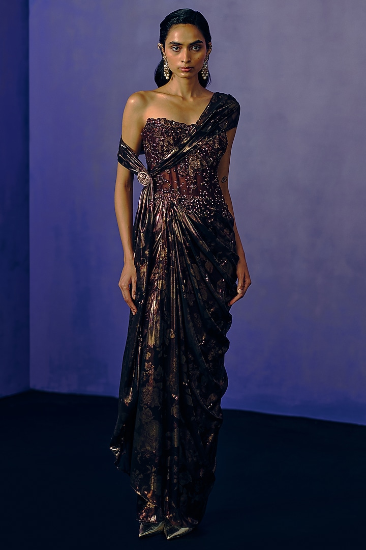 Metallic Cocoa Lurex Printed Fluid Wedding Gown by Dolly J at Pernia's Pop Up Shop