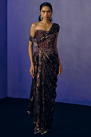 Metallic Cocoa Lurex Printed Fluid Gown by Dolly J
