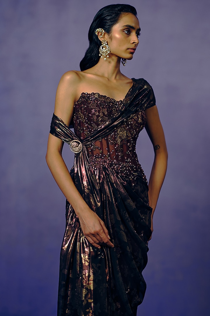 Metallic Cocoa Lurex Printed Fluid Wedding Gown by Dolly J at Pernia's Pop Up Shop