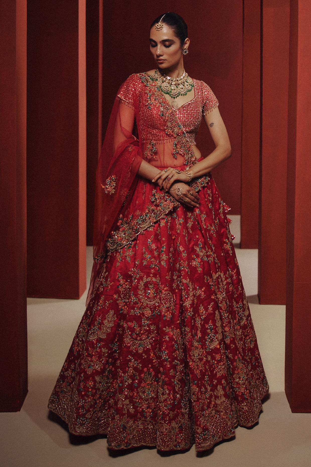 Dolly J Crimson Red Raw Silk Zardosi Embroidered Bridal Lehenga Set