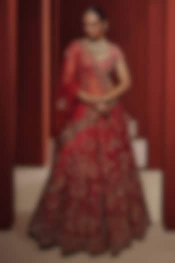 Crimson Red Raw Silk Zardosi Embroidered Bridal Bridal Lehenga Set by Dolly J at Pernia's Pop Up Shop