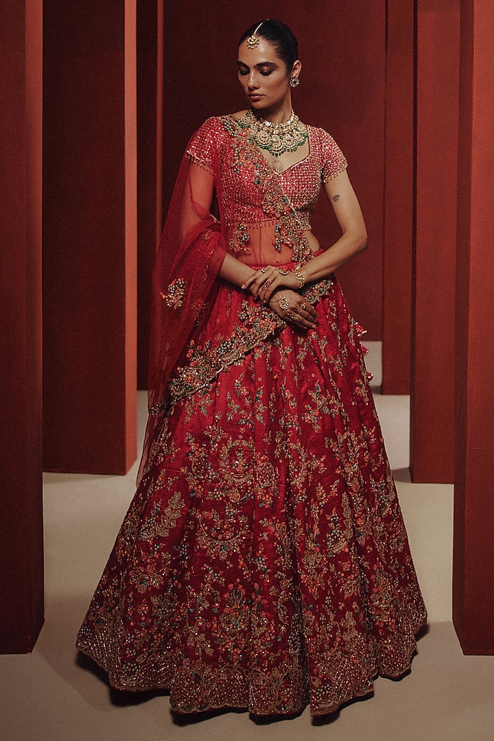 Crimson Red Raw Silk Zardosi Embroidered Bridal Bridal Lehenga Set by Dolly J at Pernia's Pop Up Shop