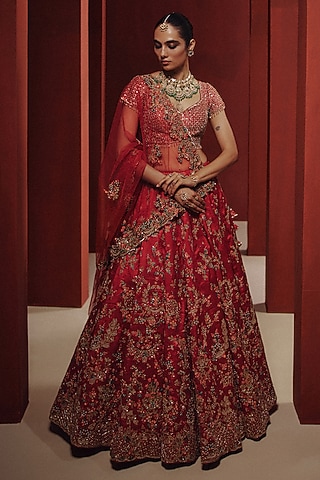 Crimson Red Raw Silk Zardosi Embroidered Bridal Lehenga Set by Dolly J