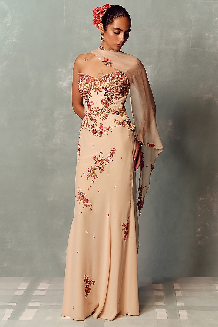 Ivory Crepe Embroidered Skirt Set by Dolly J at Pernia's Pop Up Shop
