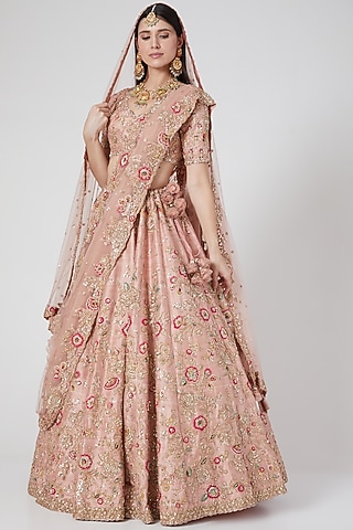Pale Peach Raw Silk Zardosi Embroidered Kalidar Lehenga Set by Dolly J