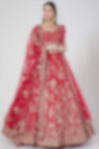 Red Raw Silk Zardosi Embroidered Kalidar Lehenga Set by Dolly J