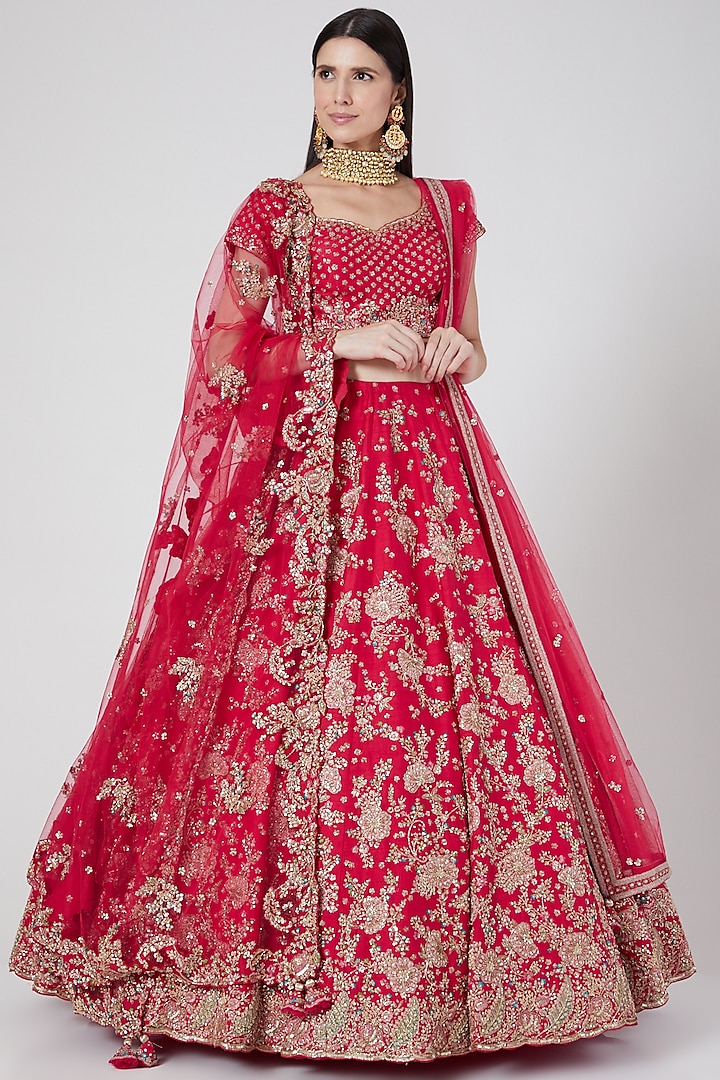 Red Embroidered Lehenga Set Design by Dolly J at Pernia's Pop Up Shop 2022