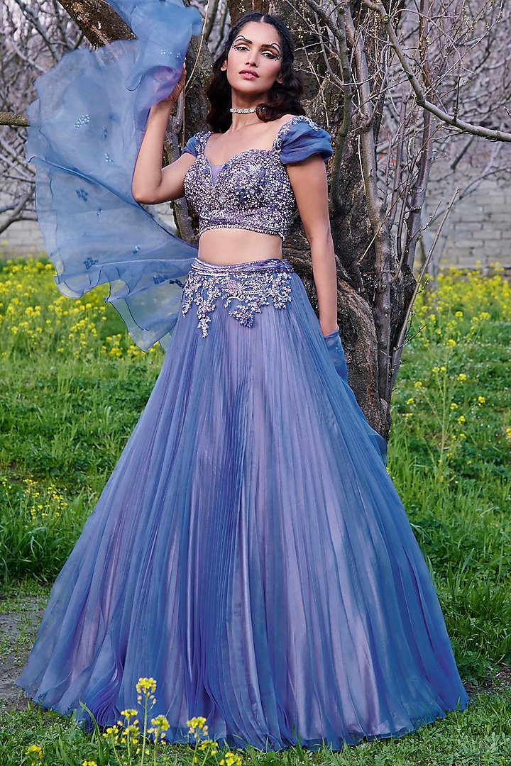 Mauve Embroidered Pleated Wedding Lehenga Set by Dolly J at Pernia's Pop Up Shop