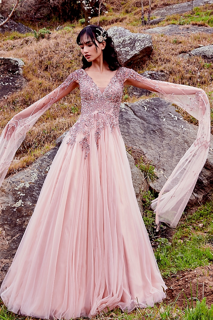 Dusty Pink Pleated Tulle Gown Design by Dolly J at Pernia's Pop Up Shop