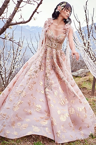 Baby Pink & Gold Embroidered Bridal Gown by Dolly J