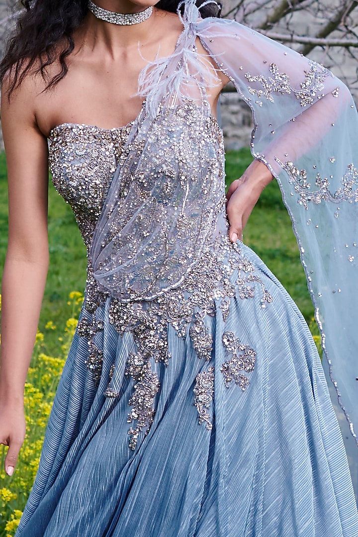blue dress with gems Persian Violet Blue Ombre Pleated Dress With Jacket main image 1