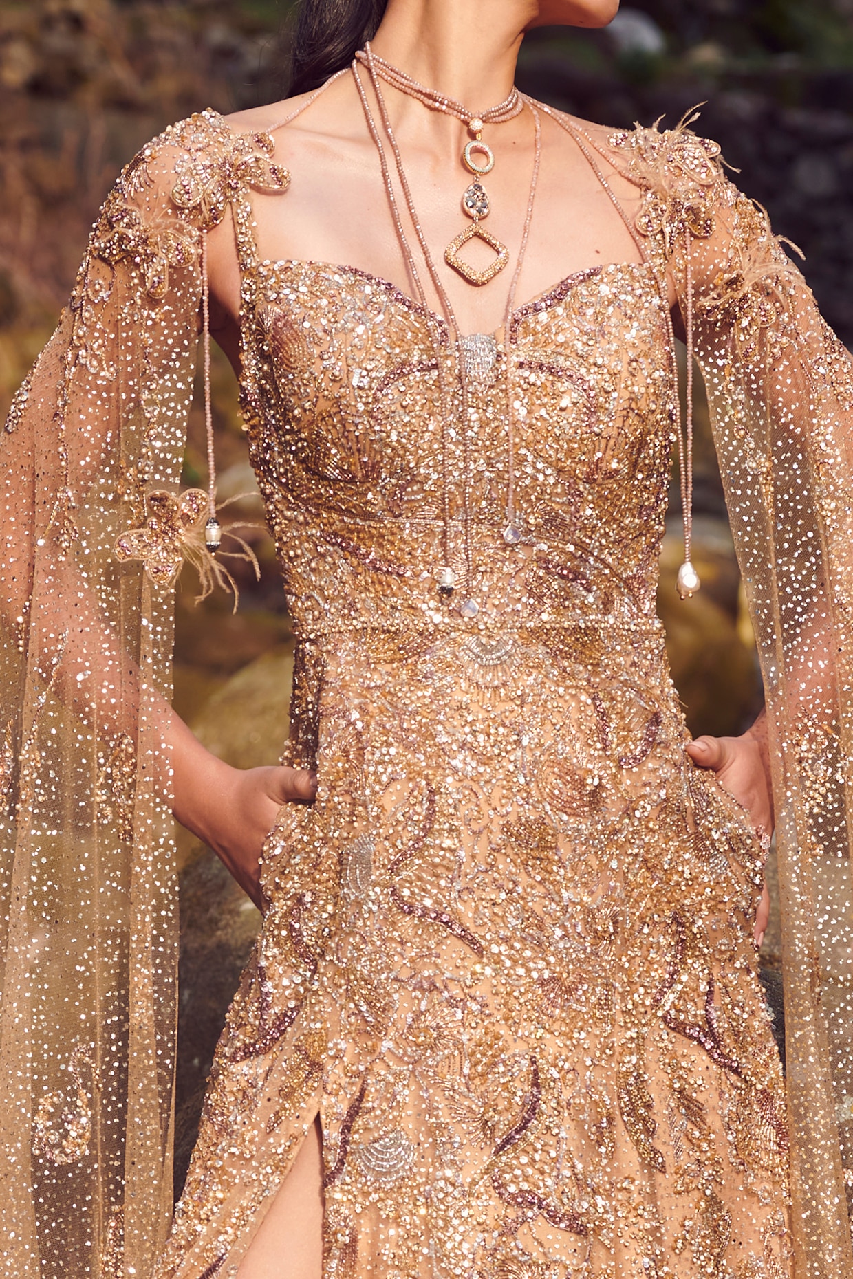Beige & Gold Shimmer Organza Hand Embellished Gown Design by SARTORIALE at  Pernia's Pop Up Shop 2024
