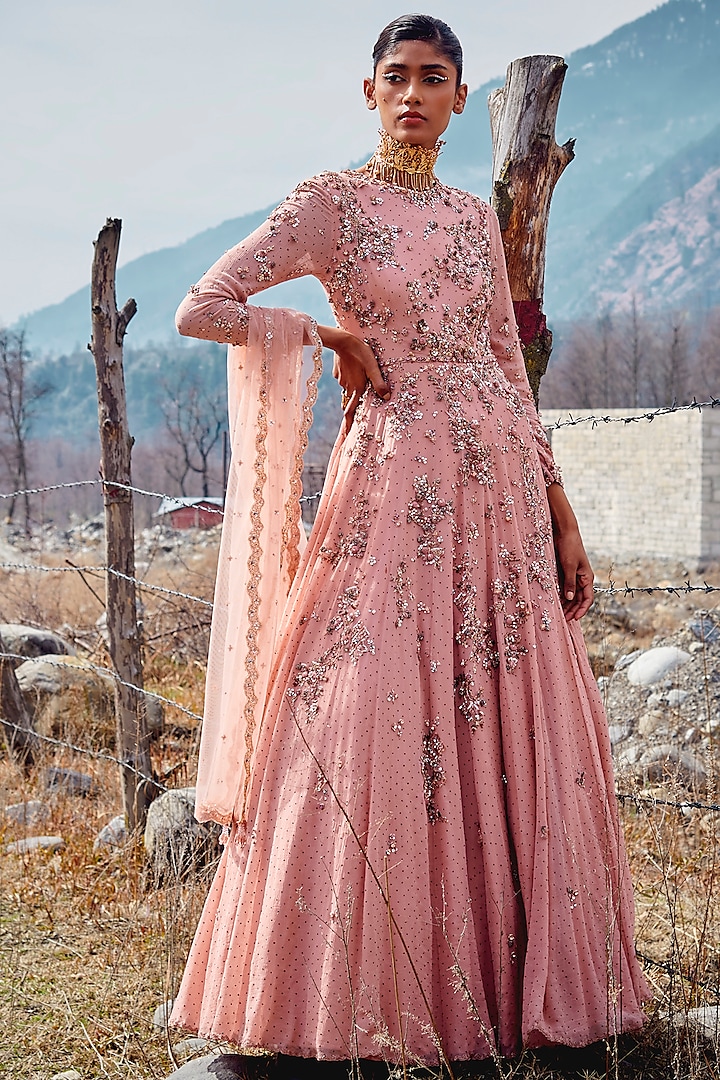 Dusty Peach Embroidered Kalidar Kurta Set by Dolly J at Pernia's Pop Up Shop