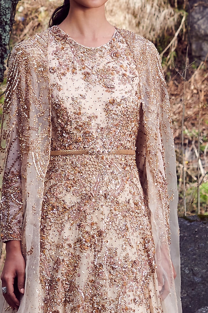 Ivory Chiffon Embroidered Kalidar Kurta Set With Cape by Dolly J at Pernia's Pop Up Shop