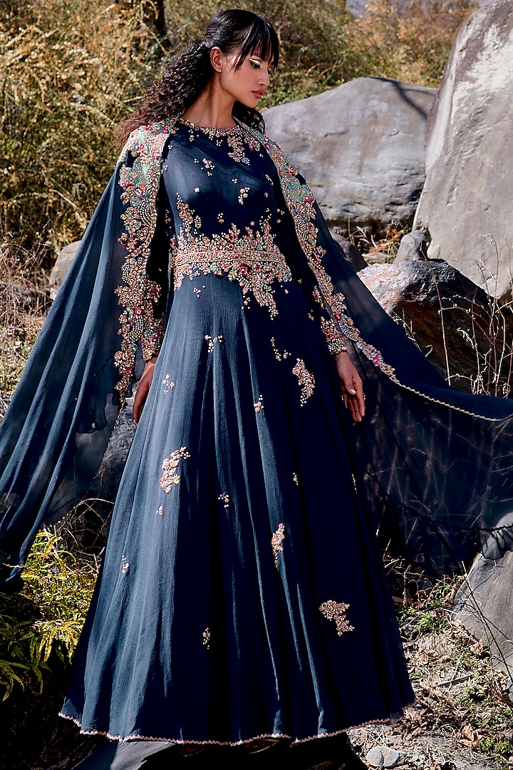 Midnight Blue Embroidered Kalidar Kurta Set With Cape by Dolly J