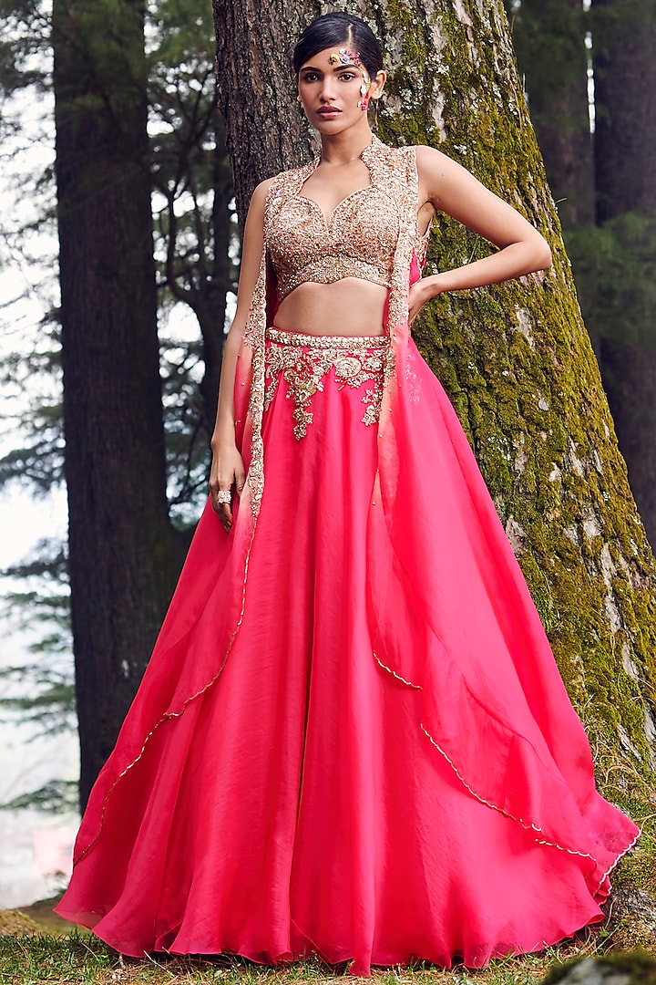 Persian Red Organza Lehenga Set With Cape by Dolly J