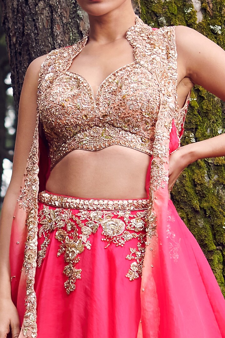 Persian Red Organza Wedding Lehenga Set With Cape by Dolly J at Pernia's Pop Up Shop
