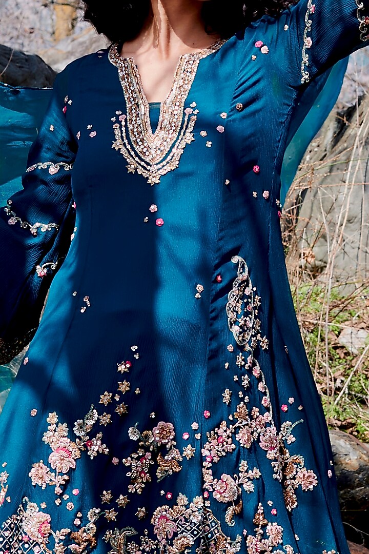 Cerulean Blue Chiffon Bridal Sharara Set by Dolly J at Pernia's Pop Up Shop
