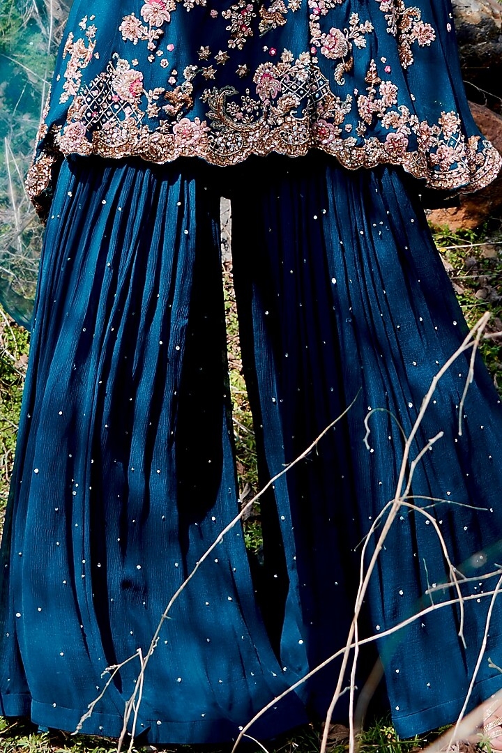 Cerulean Blue Chiffon Bridal Sharara Set by Dolly J at Pernia's Pop Up Shop