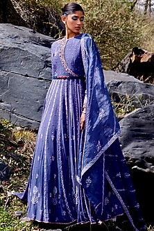 Periwinkle Blue Lucknowi Kalidar Kurta Set by Dolly J-DOLLY J