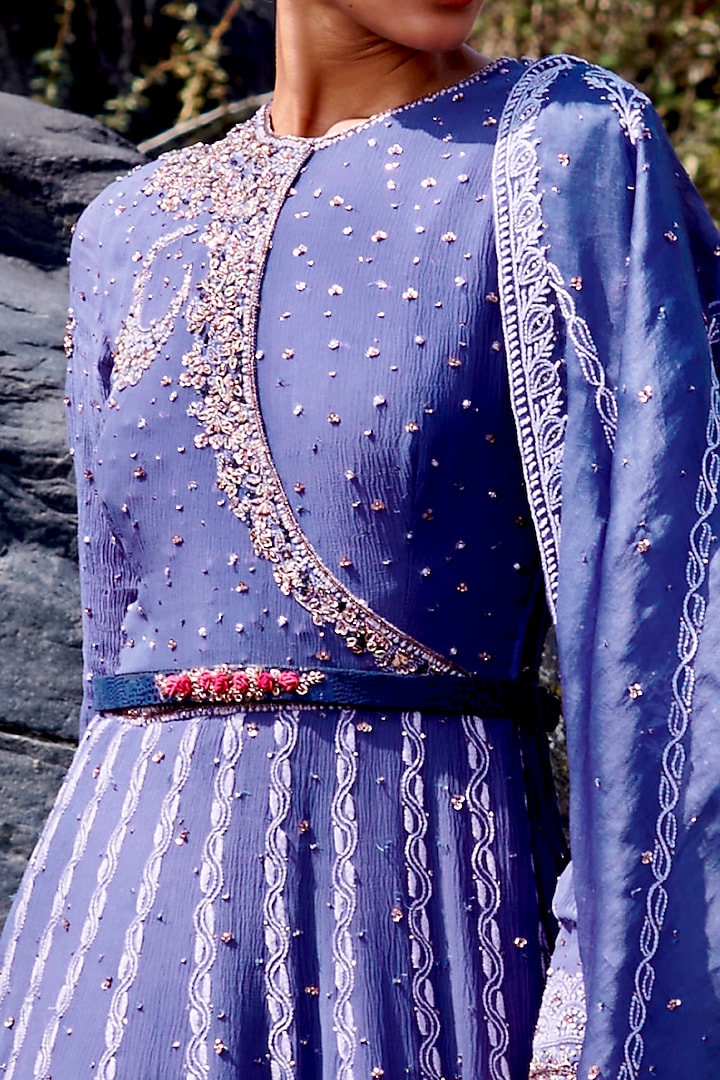 Periwinkle Blue Lucknowi Kalidar Kurta Set by Dolly J at Pernia's Pop Up Shop