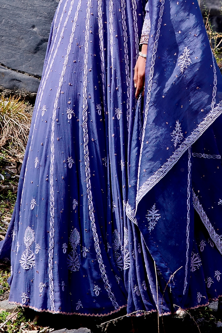 Periwinkle Blue Lucknowi Kalidar Kurta Set by Dolly J at Pernia's Pop Up Shop
