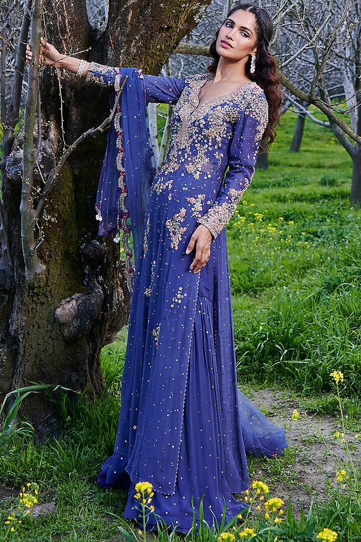 PurplishBlue Chiffon Sharara Set by Dolly J at Pernia's Pop Up Shop 2024